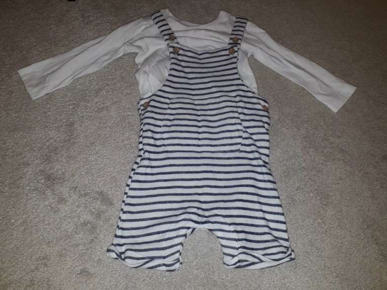 Matalan Blue and White Striped Boys Dungaree Set (9-12 months)