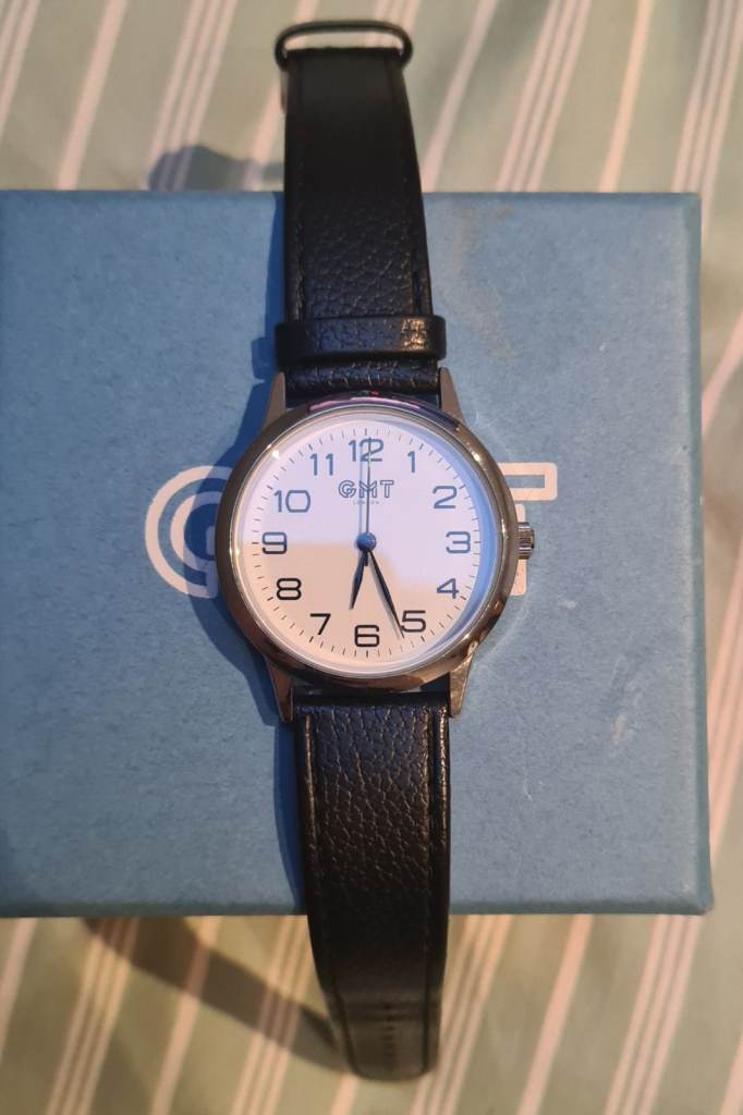 GMT LONDON Genuine Black Calf Leather Watch + Original box & manual.