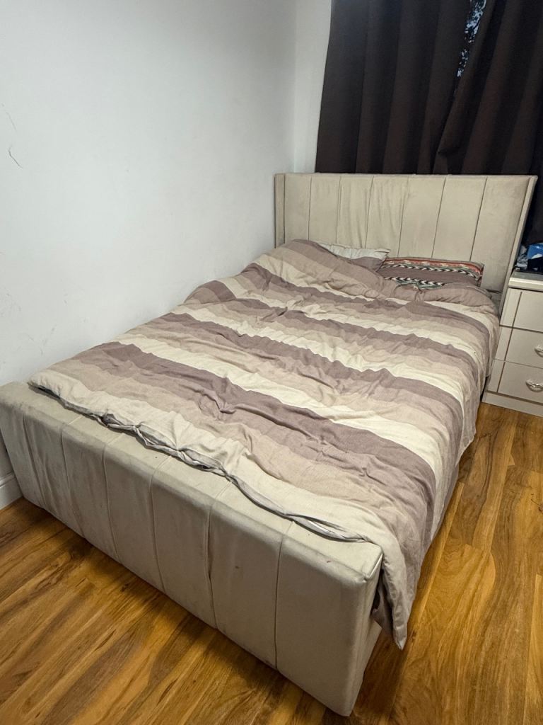 Storage Double Bed Frame with Headboard – Beige Fabric, Good Condition