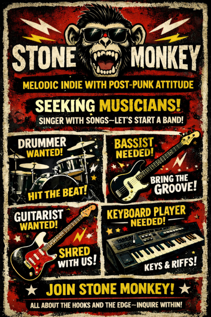 Singer starting melodic indie band – punk energy (drummer, bass, guitar, keys wanted)