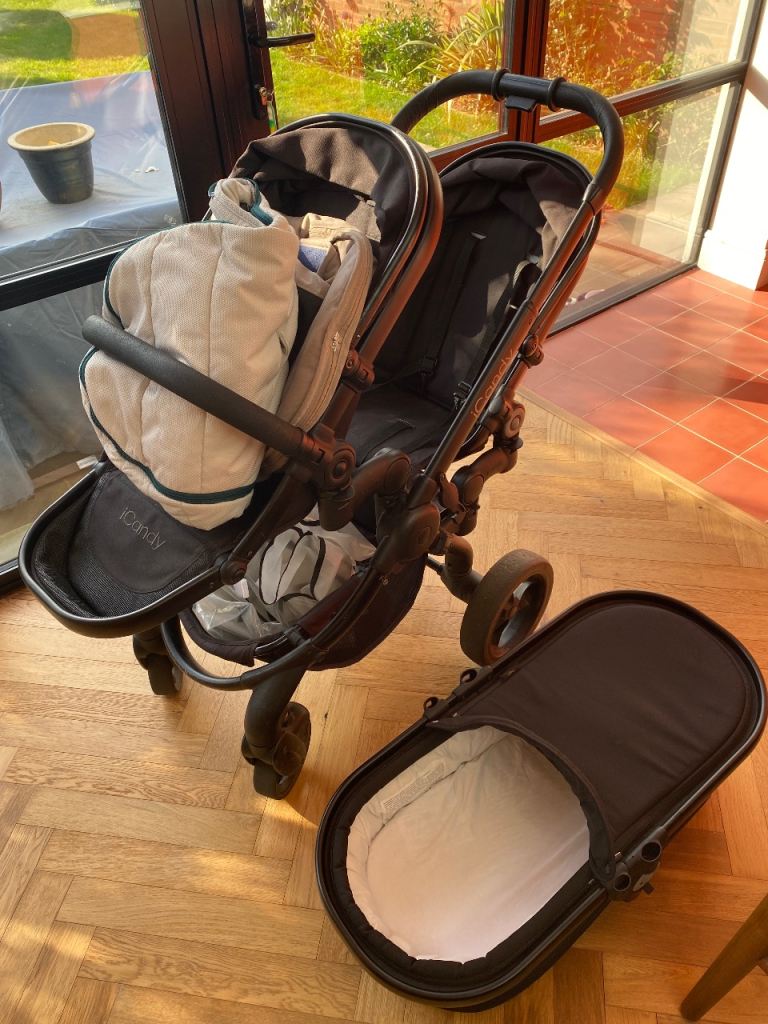 Icandy double pushchair and bassinet.
