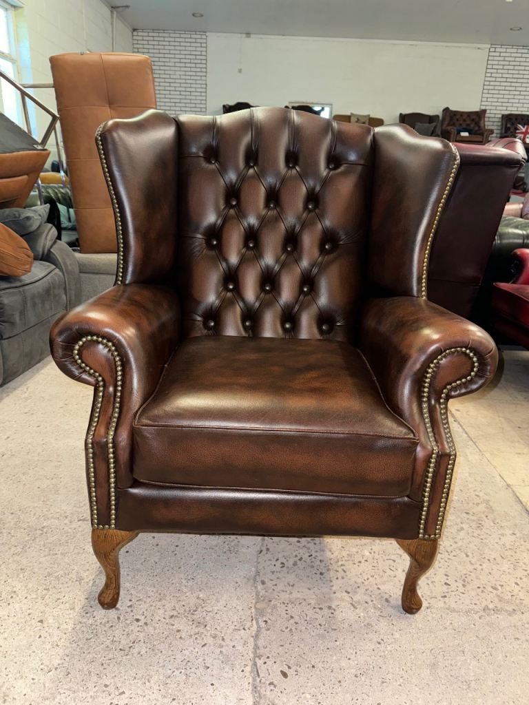 Chesterfield brown real leather wingback chair