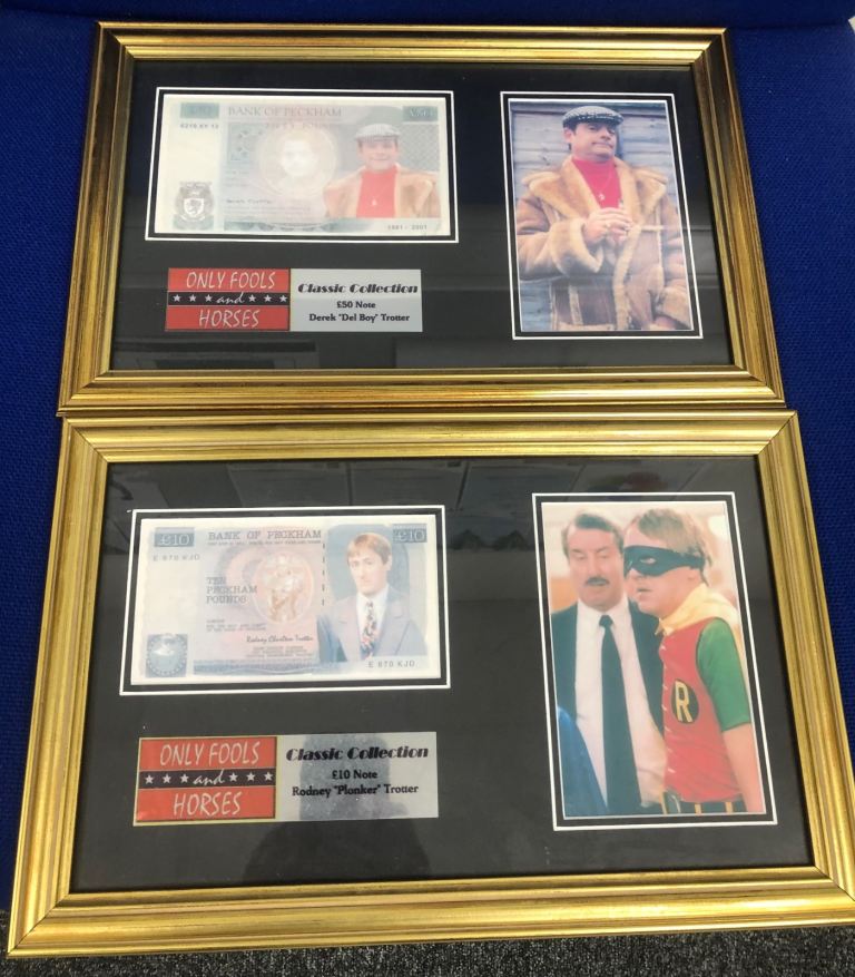 Only Fools & Horses, two framed banknotes and photographs 