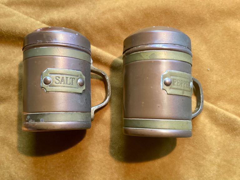 A Nice Pair Of Vintage Copper And Brass Plated Salt And Pepper Shakers