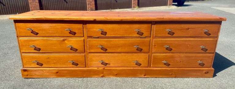 Sturdy, custom made, large pine French bank of drawers