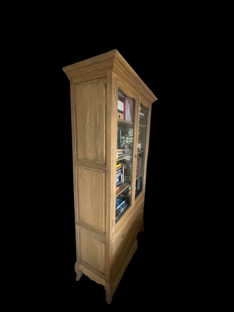 Oak Bookcase with Glass Doors and two deep drawers