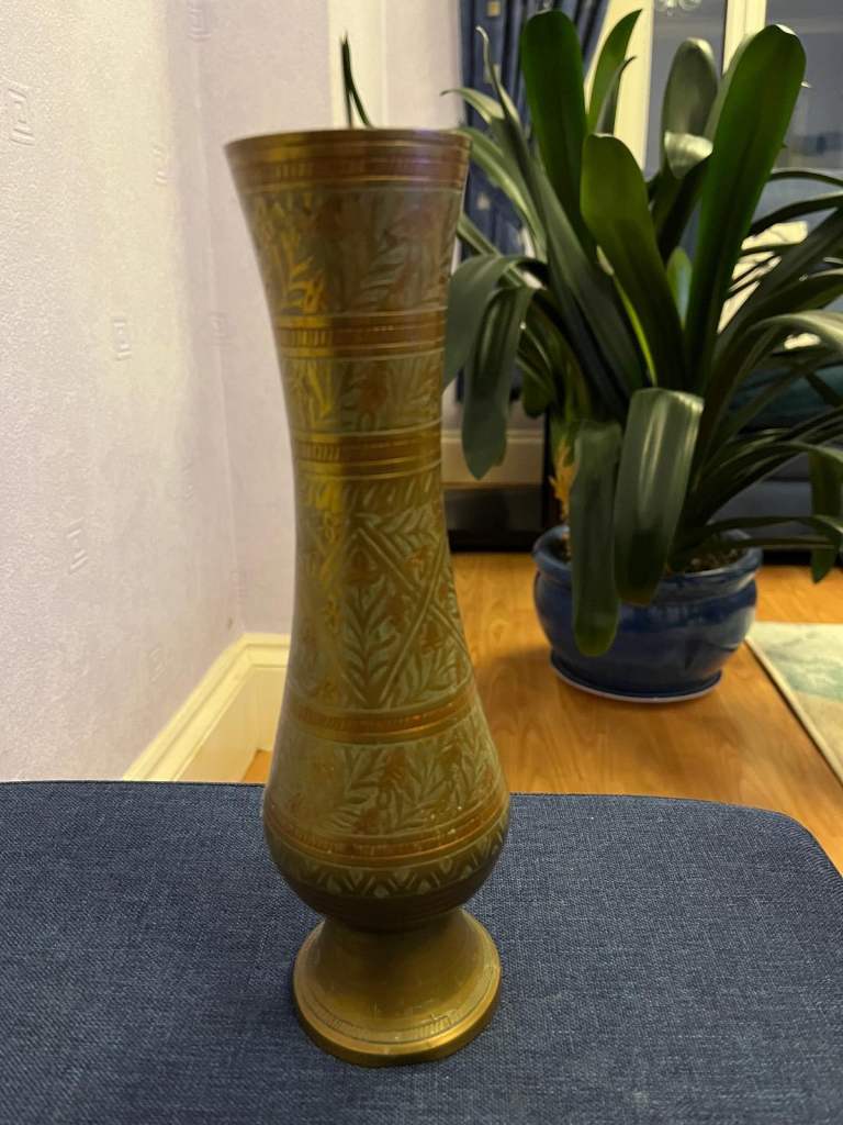 Vintage brass vase hand engraved. 25cm height.