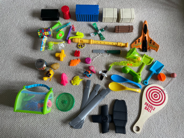 Mixed Toys - instruments, tools, animals, blocks, bag, paddle ball etc