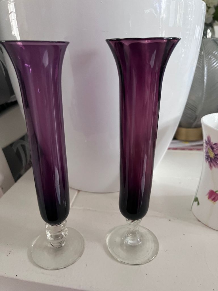 Vases x2 glass bud vases aubergine, not exactly same, household accessories 