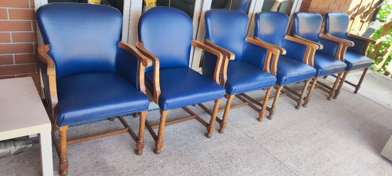 Set of 6 Blue Upholstered Wooden Dining Chairs – Good Condition