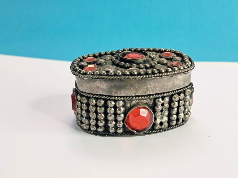 Antique ornate silver-toned metal pill or trinket box 