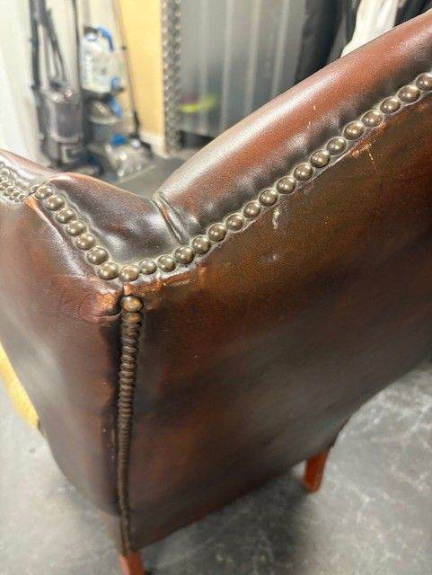 Ox blood Brown Queen Ann original wing back leather armchair  