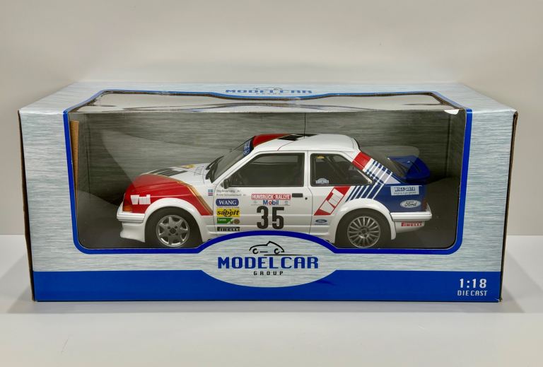 New & boxed Model Car Group 1:18 Ford Escort MK III RS Turbo (#35) from the 1985 Hunsrück Rally