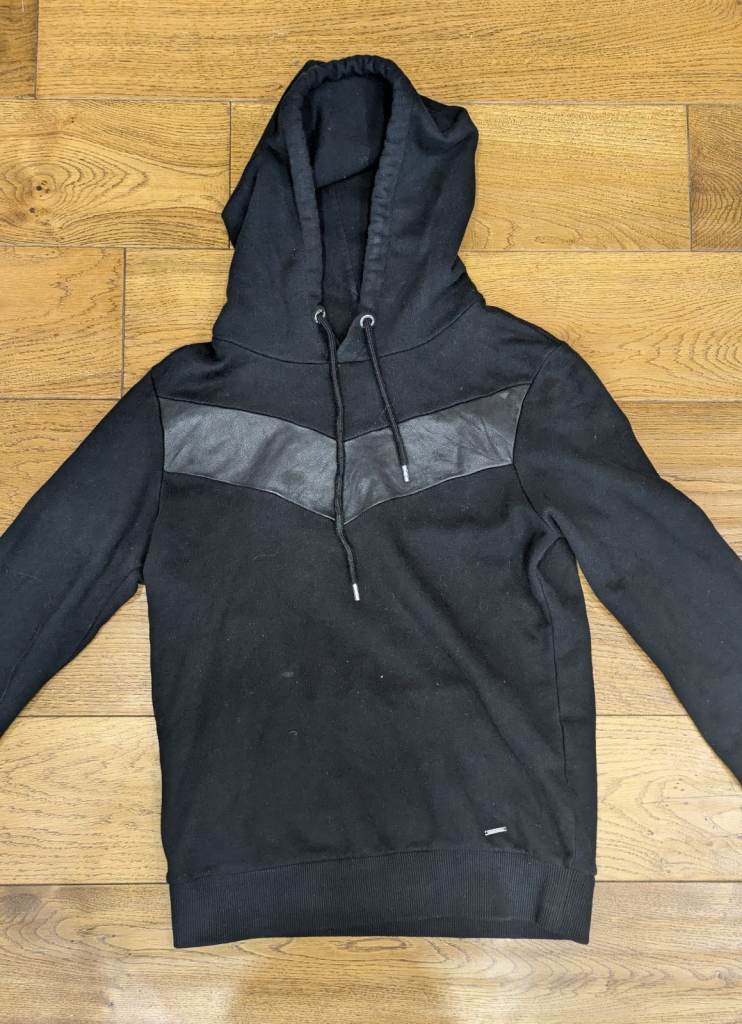 Diesel Timeless Men's Black Cotton Pullover Hoodie with Leather Panel Size S