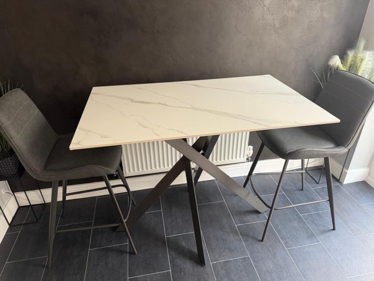 Modern White Marble Effect Dining Table with Two Grey Bar Stools
