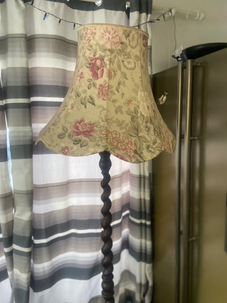 Vintage  wooden barley twist floor lamp with a floral fabric shade