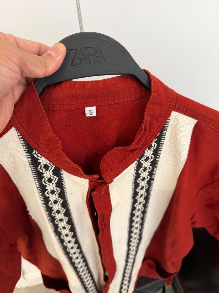 Men's Red Short Sleeve Shirt with Embroidered Detail – Good Condition