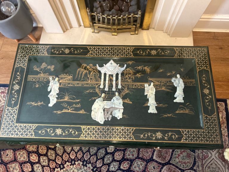 Vintage Asian-Style Green Lacquered Coffee Table with Inlay & Glass Top