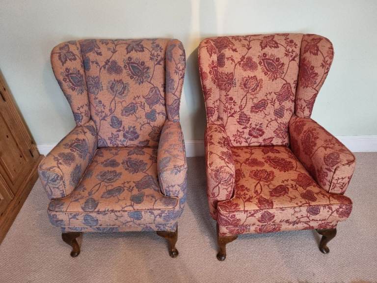 Good quality vintage patterned wingback armchairs