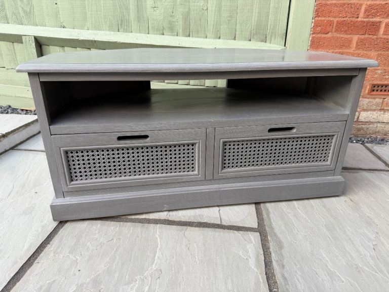 Grey Wooden TV Unit with Rattan Style Drawers – Good Condition