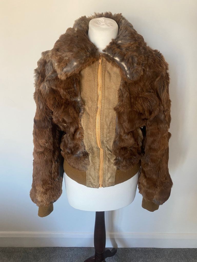 Vintage Retro Bomber style Brown Rabbit Fur Jacket – Good Condition