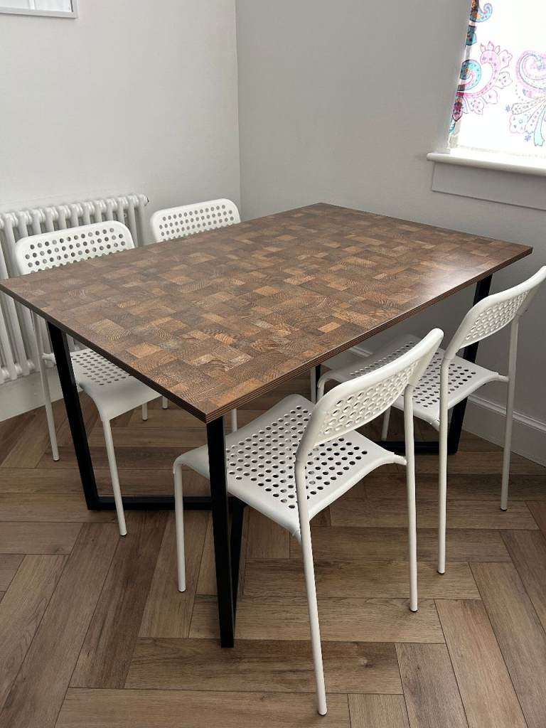 4-6 Seater Rectangular Dining Table, Parquet Effect Light Wood top with steel legs - £50