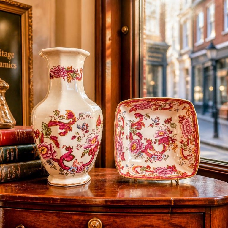 Lovely Floral Ceramic Vase and Dish Set – Good Condition