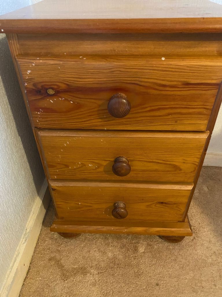 Pine Wood Bedside Table with 3 Drawers – Fair Condition