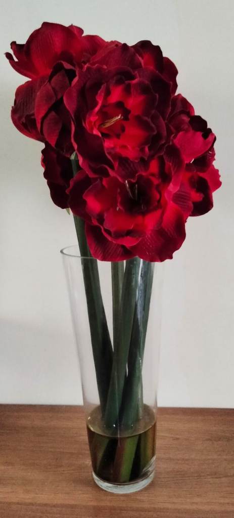 image for Tall Faux Floral Arifical Red Amaryllis Flower Arrangement in Clear Glass Vase