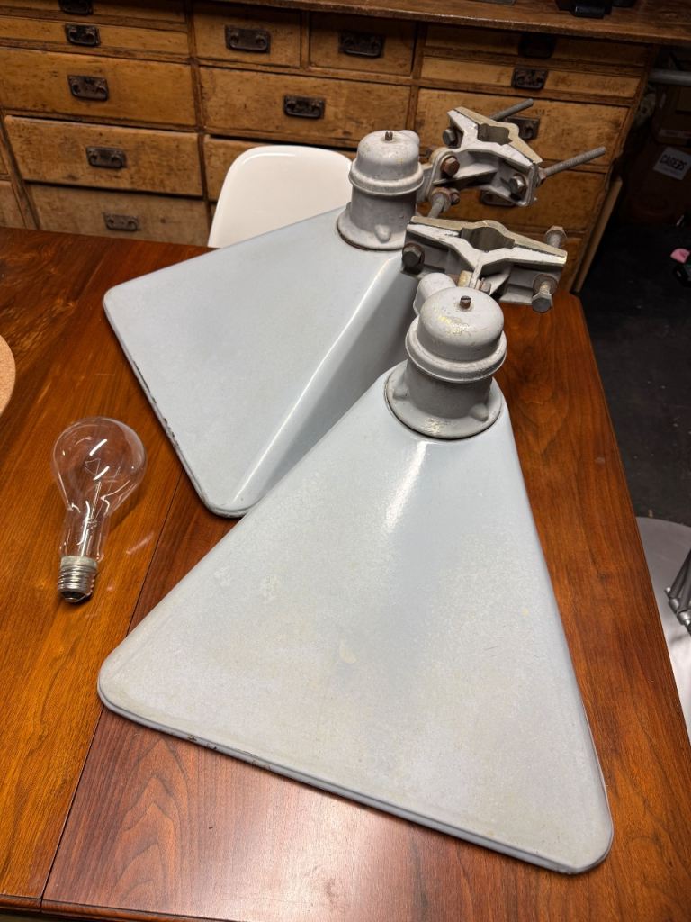 Matching pair of enamel vintage ‘shovel’ lights (complete) REDUCED