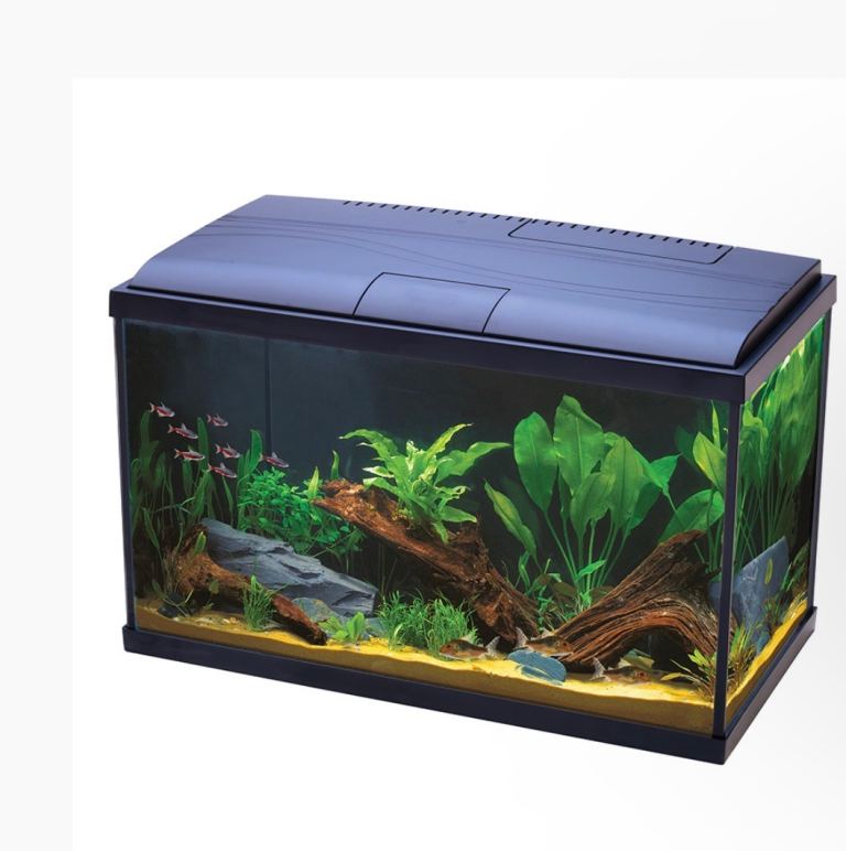 Fish tank with ornaments, Gravel, heater, filter, water supplies and net and breeder box 