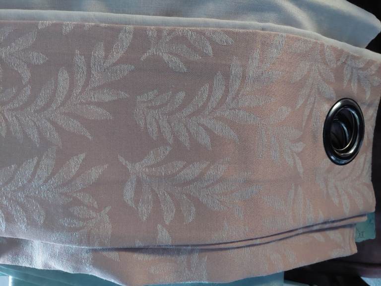 Dunelm Pastel Pink Eyelet Curtains with a Pastel Silver Leaf Design 66x54inches