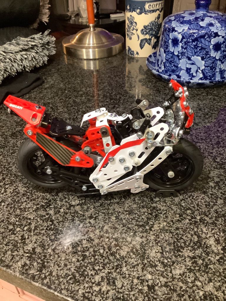 Meccano Style Toy Motorbike – Red and White