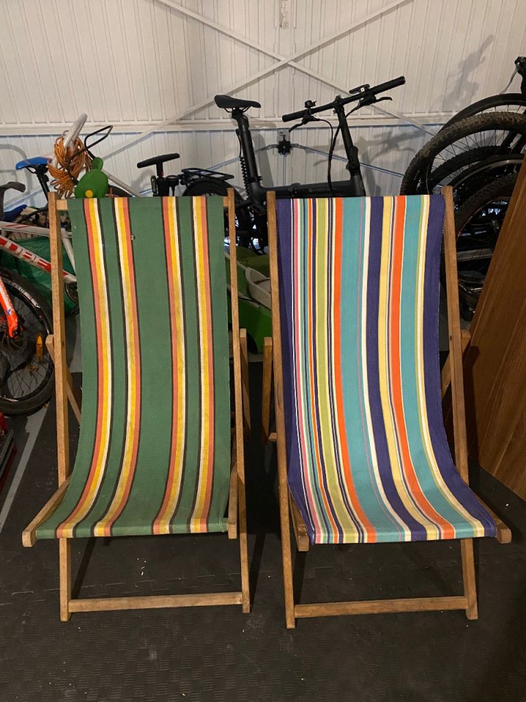 Two Striped Wooden Deck Chairs – Good Condition