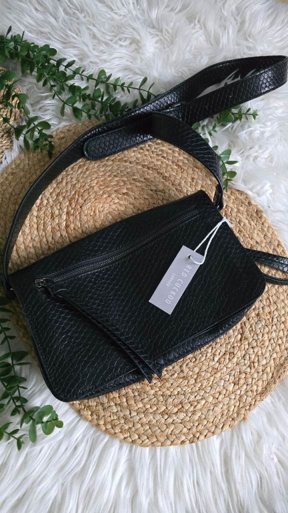 Elegant black bag, Red Cuckoo bag, Black faux leather snake print crossbody bag