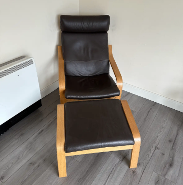 IKEA POÄNG Armchair & Footrest - Brown Leather, Good Condition