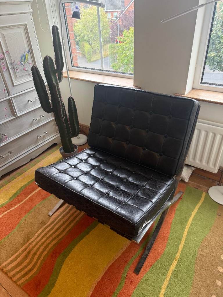 Barcelona style chair in authentic Italian Aniline black distressed leather with Chrome legs
