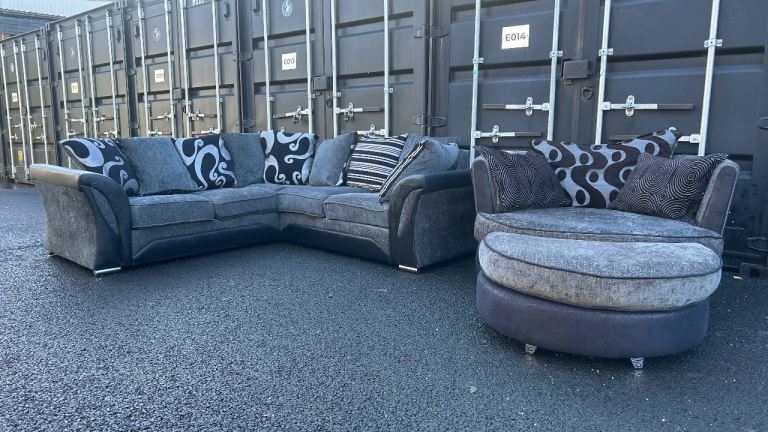 DFS Black & Grey Corner Sofa and Swivel Chair Set
