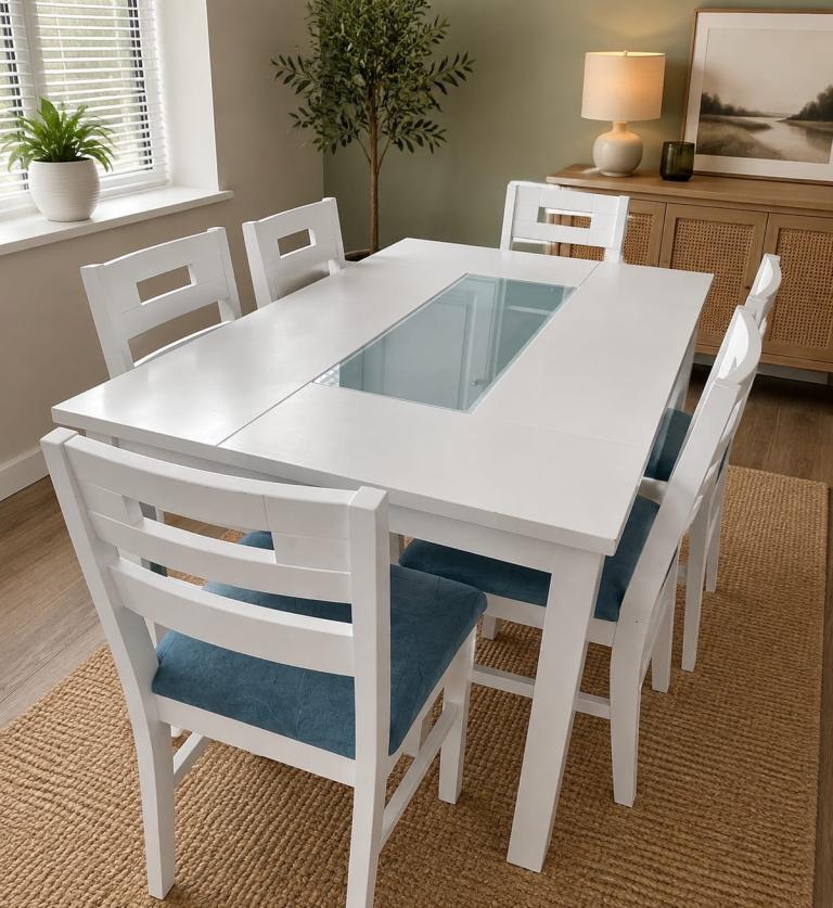 White Dining Table and 6 Chairs Set – Modern Design