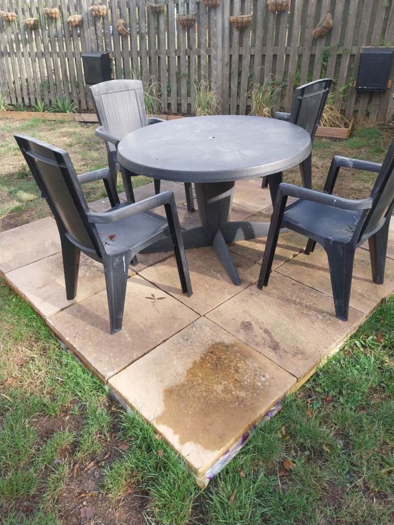4 PCV GARDEN CHAIRS AND ROUND TABLE