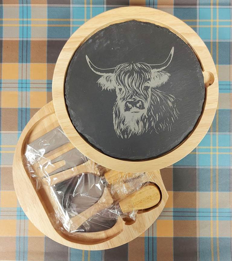 **Slate Top Cheese Board with Hidden Knives & Laser Engraved Design**