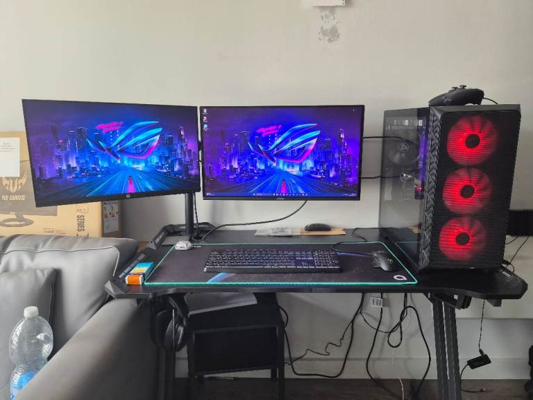 Full Gaming PC Setup with Dual Monitors and Desk