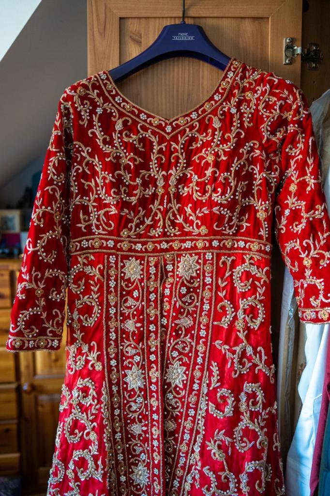 Luxury Red Wedding Lehenga- Heavy Gold Embroidery, Tail Style, (Size M) – £800