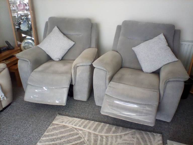Pair of Grey Fabric Recliner Armchairs – Good Condition