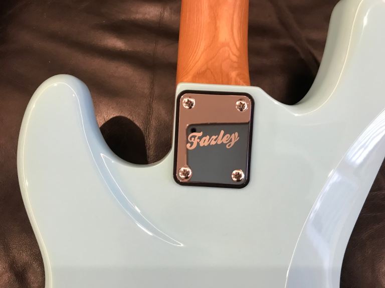 Fazley Sunset Series Piranha 4 Sky Blue Electric Bass Guitar with Gig Bag, new!