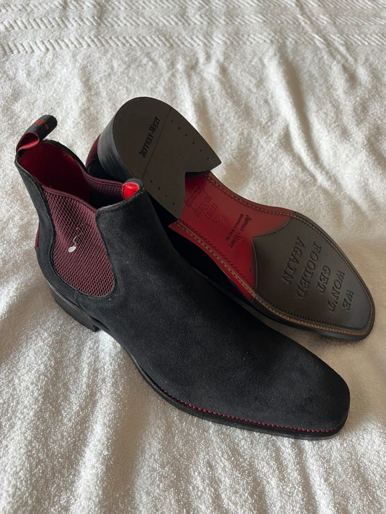 Jeffrey West Black Suede Chelsea Boots with Red Accents, UK 7