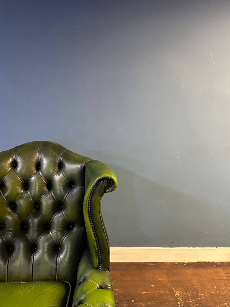 Superb vintage green leather chesterfield Queen Anne wingback chair Uk delivery 