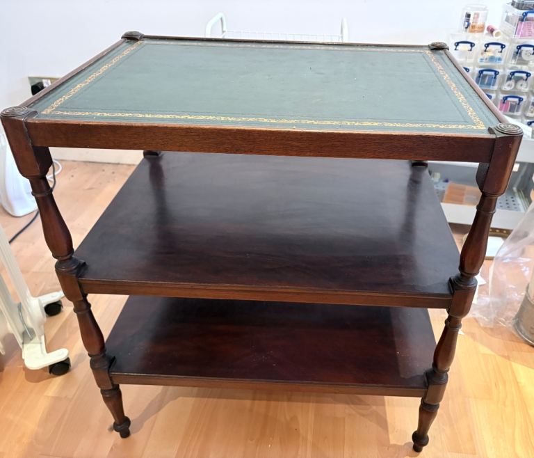 Vintage Wooden Console Table with Green Leather Top – Good Condition