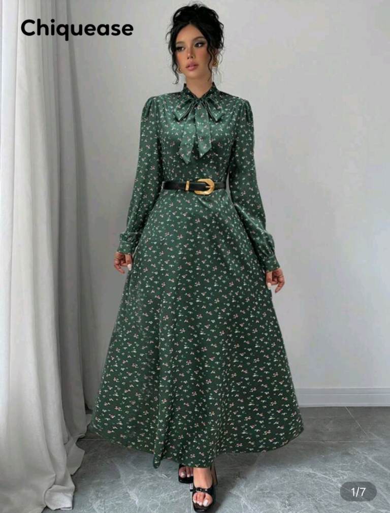 image for  Ladies' Fall Print A-Line Belted Long Sleeve Dress For Casual Or Commuting, With Stand Collar