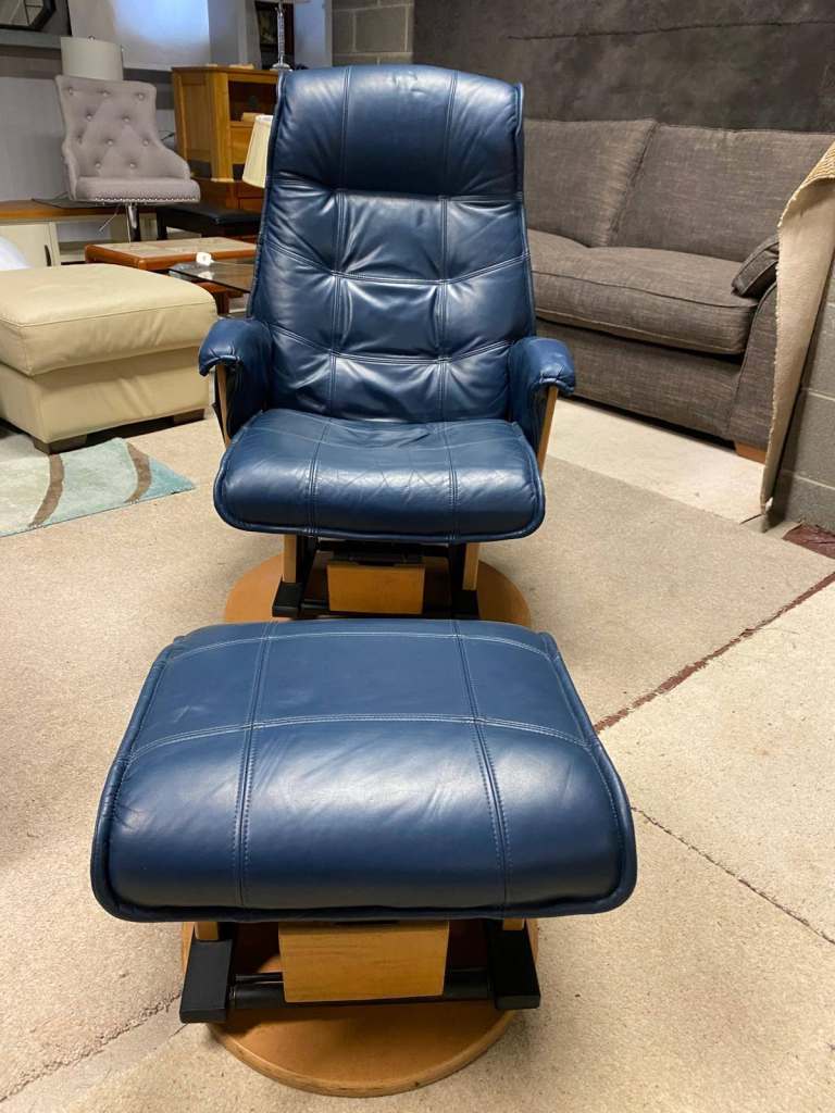 Blue Leather Rocking Swivel and Recliner Chair with Rocking Footstool 